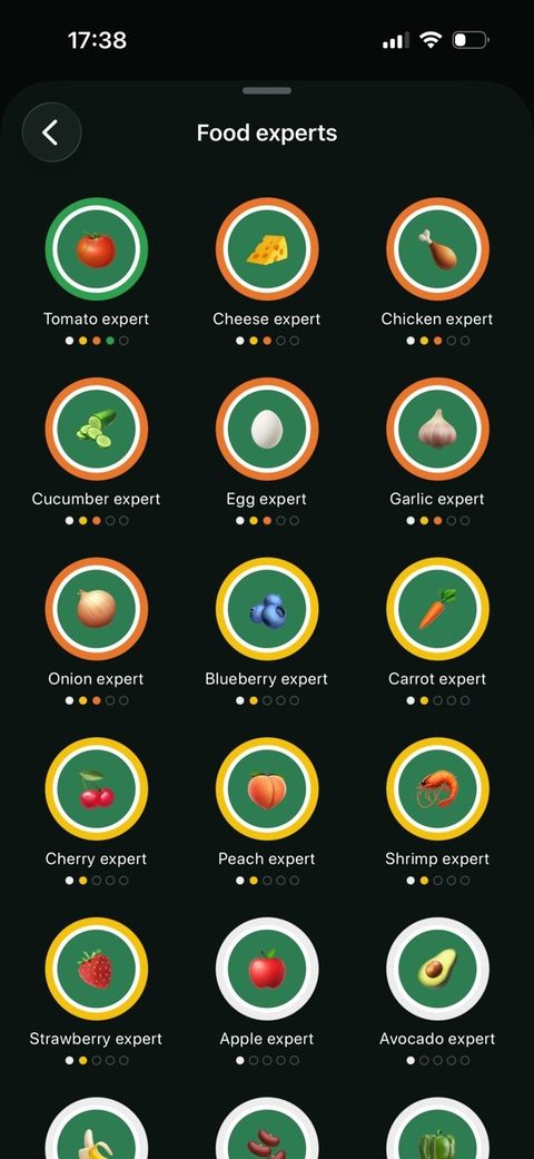 Bioma food expert badges: tomato, cheese, chicken, cucumber and others, each with progress tiers