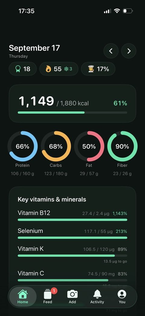 Bioma home screen: 1,149 of 1,880 kcal, macronutrient rings and key vitamins against personal targets